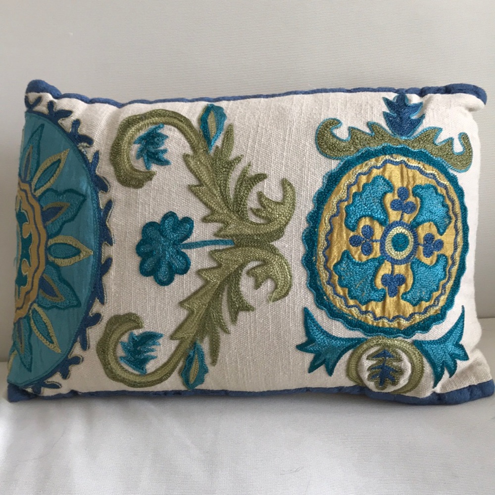 Teal and Green Embroidered throw pillow